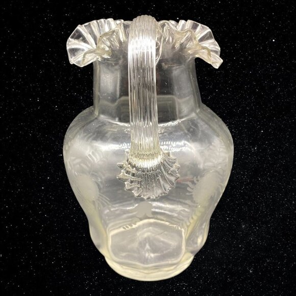 Art Glass Etched Ruffled Edge Applied Handle Pitcher Hand Blown 9”T 6.5”W - Picture 2 of 8